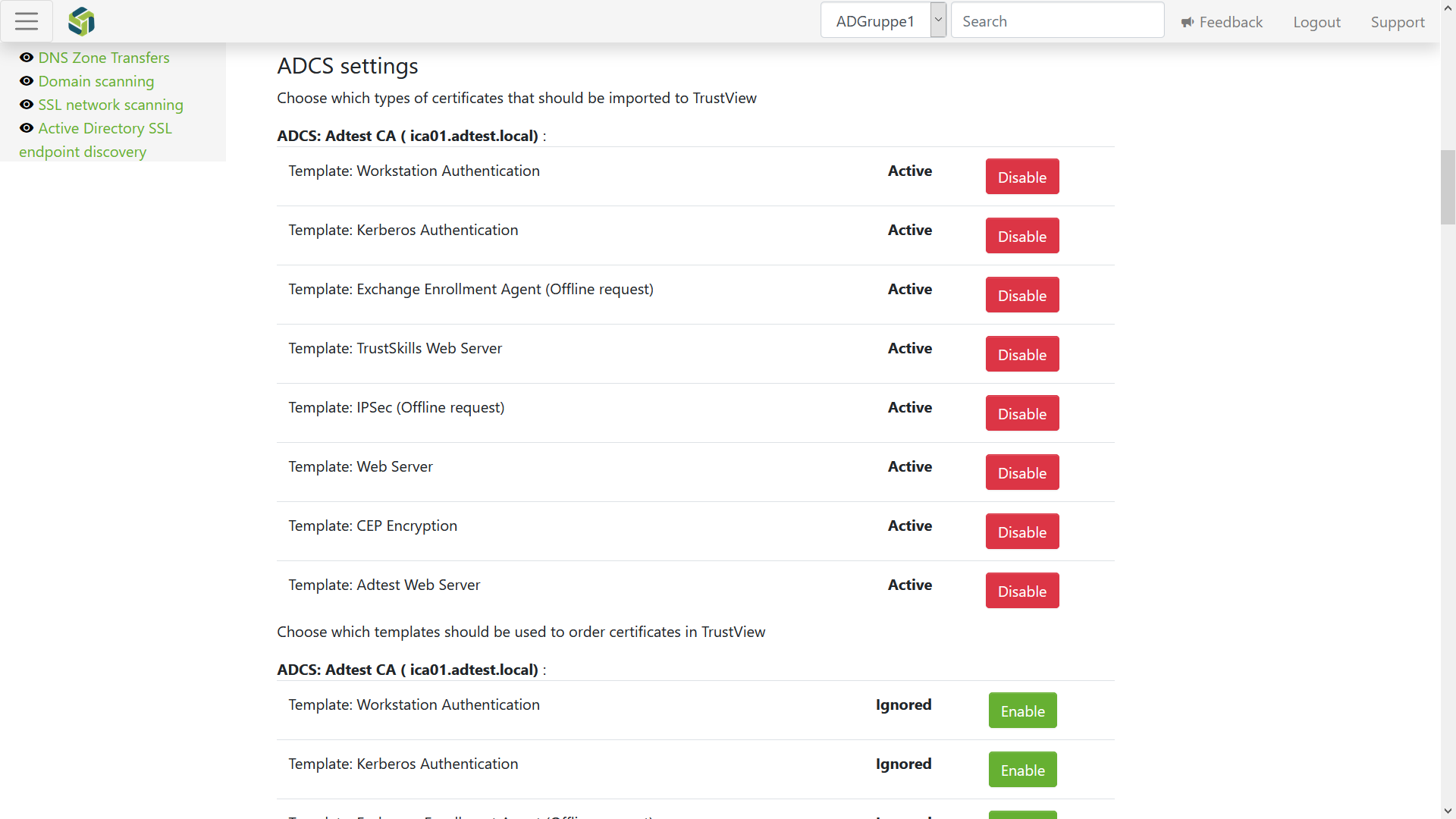 The settings for ADCS