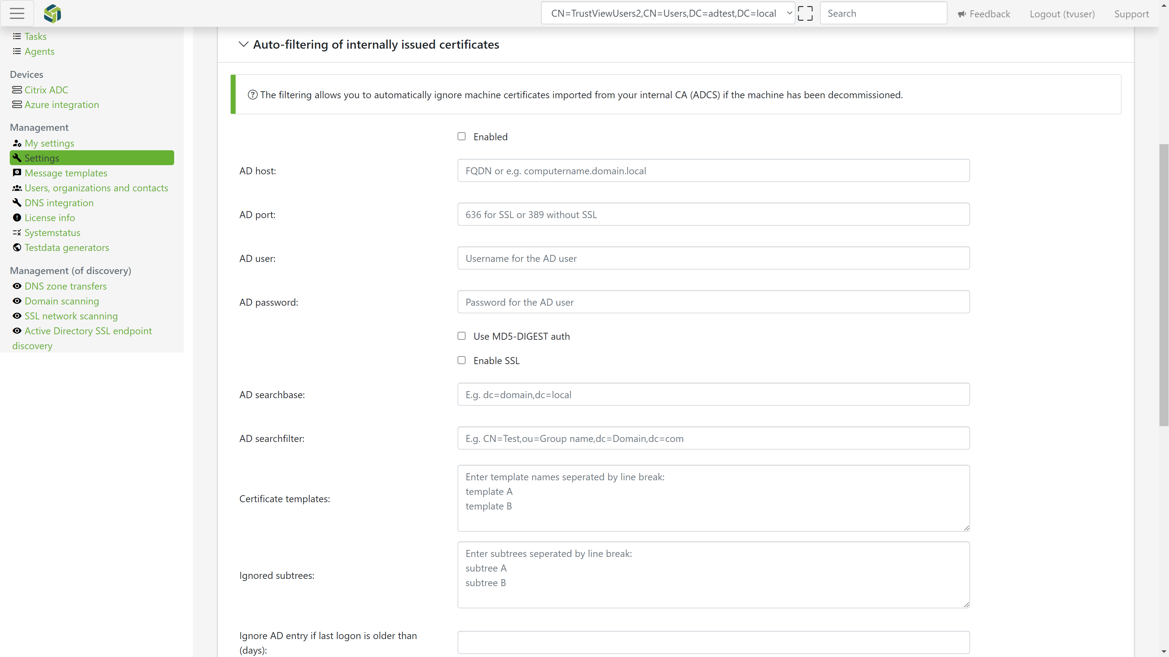 The settings for auto-filtering of internally issued certificates