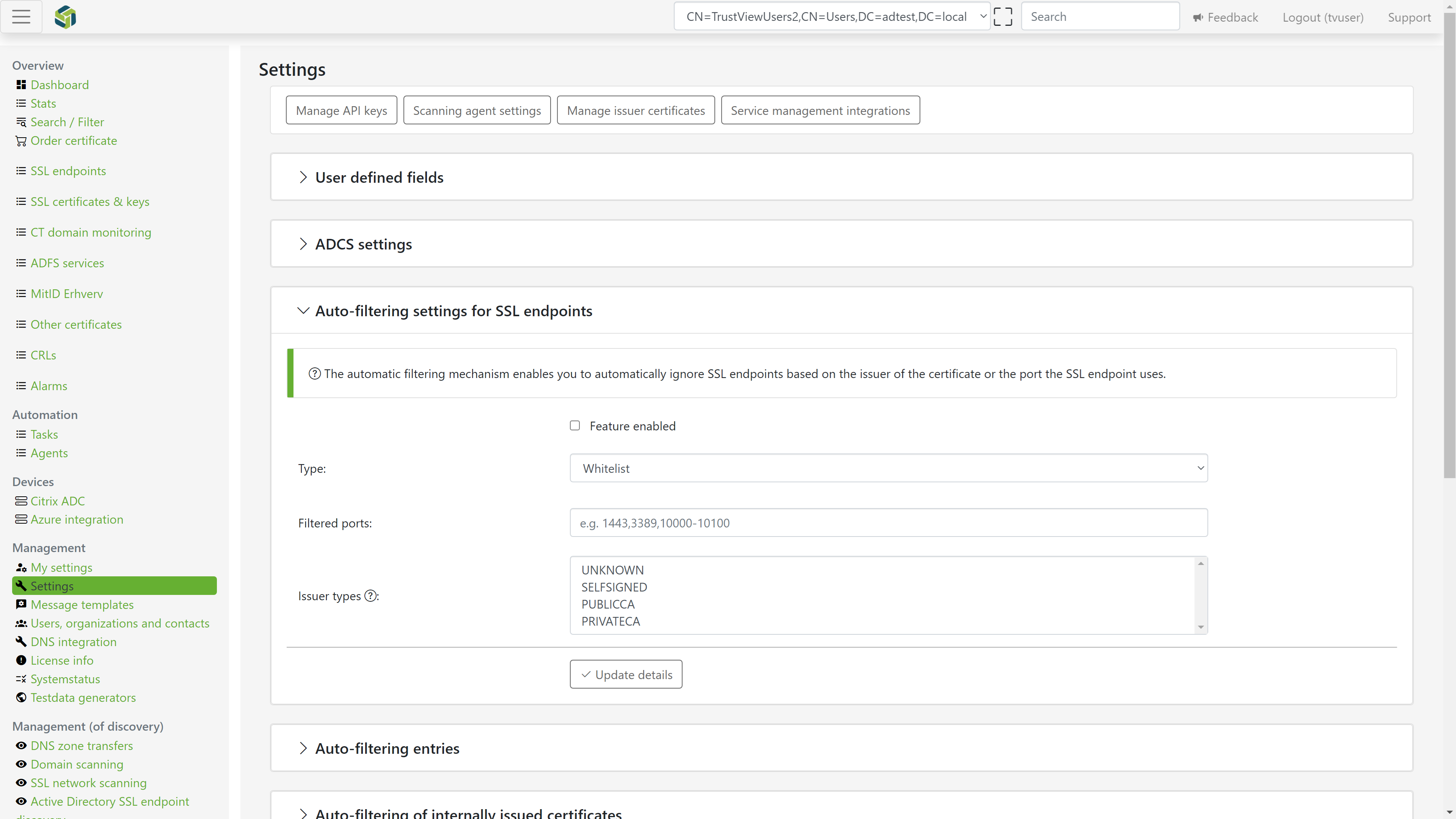 The settings for auto-filtering of SSL endpoints