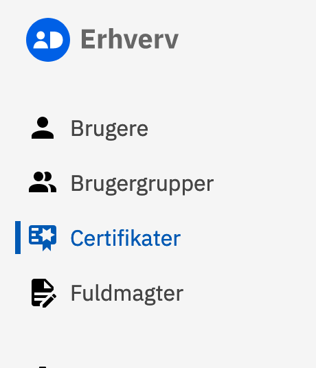 MitID Erhverv certificates in left menu