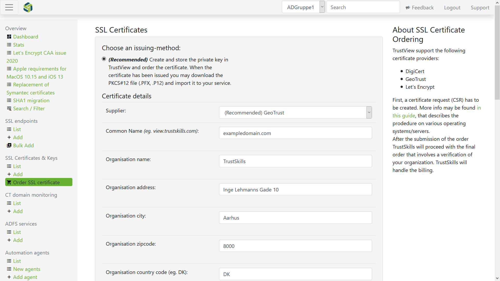 Method one is the recommended method to use and opens up the details page for editing the certificate before ordering