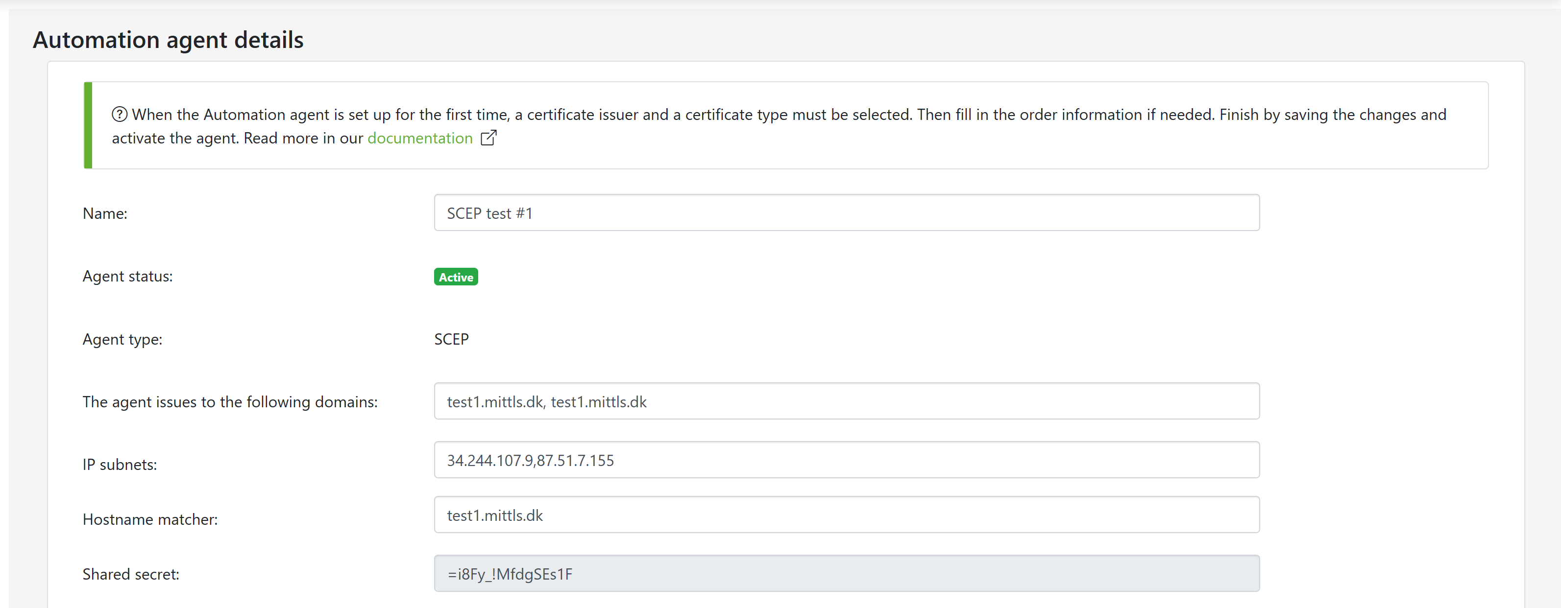 Details of an SCEP automation agent