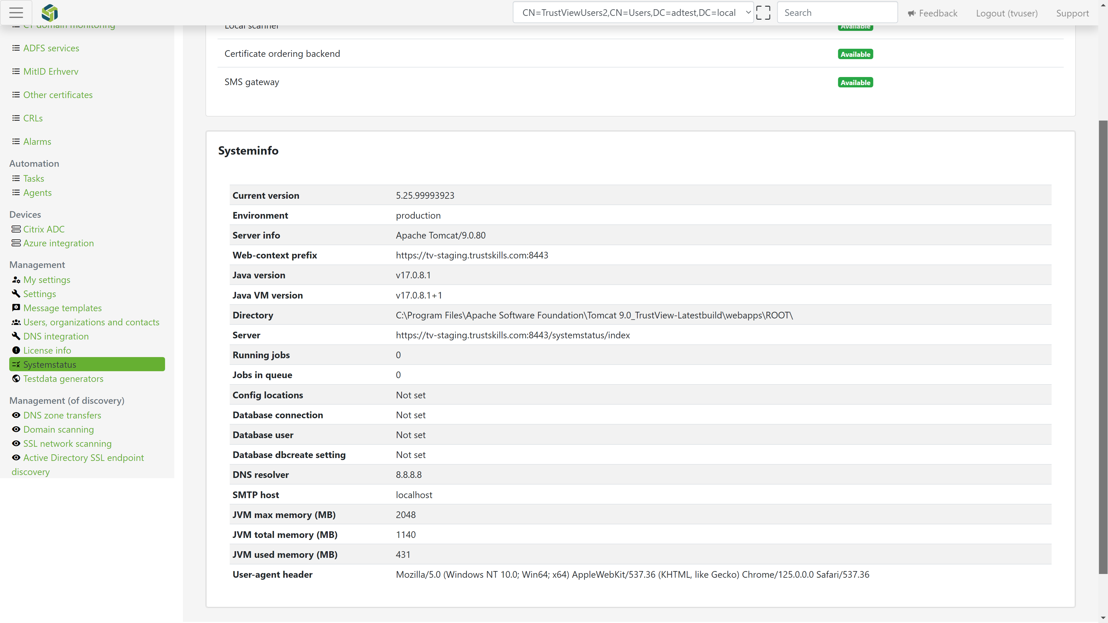 An overview of the software version and other details